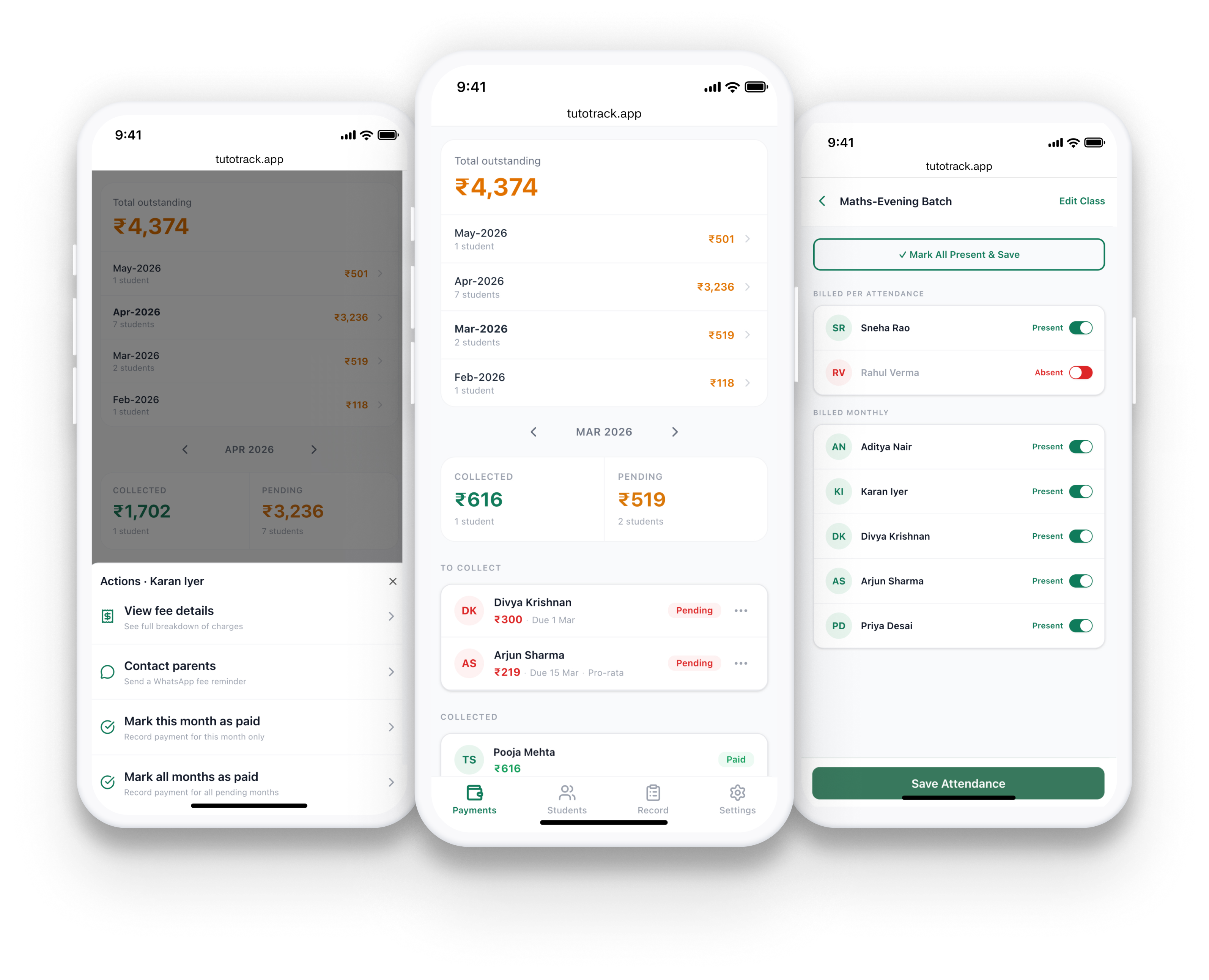 TutoTrack app screens